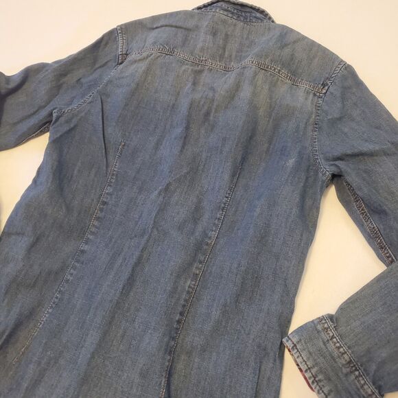 Zara Boys Sz 9/10 Chambray Denim Pearl Snap Button Up Western Holiday Plaid Trim - Picture 7 of 7